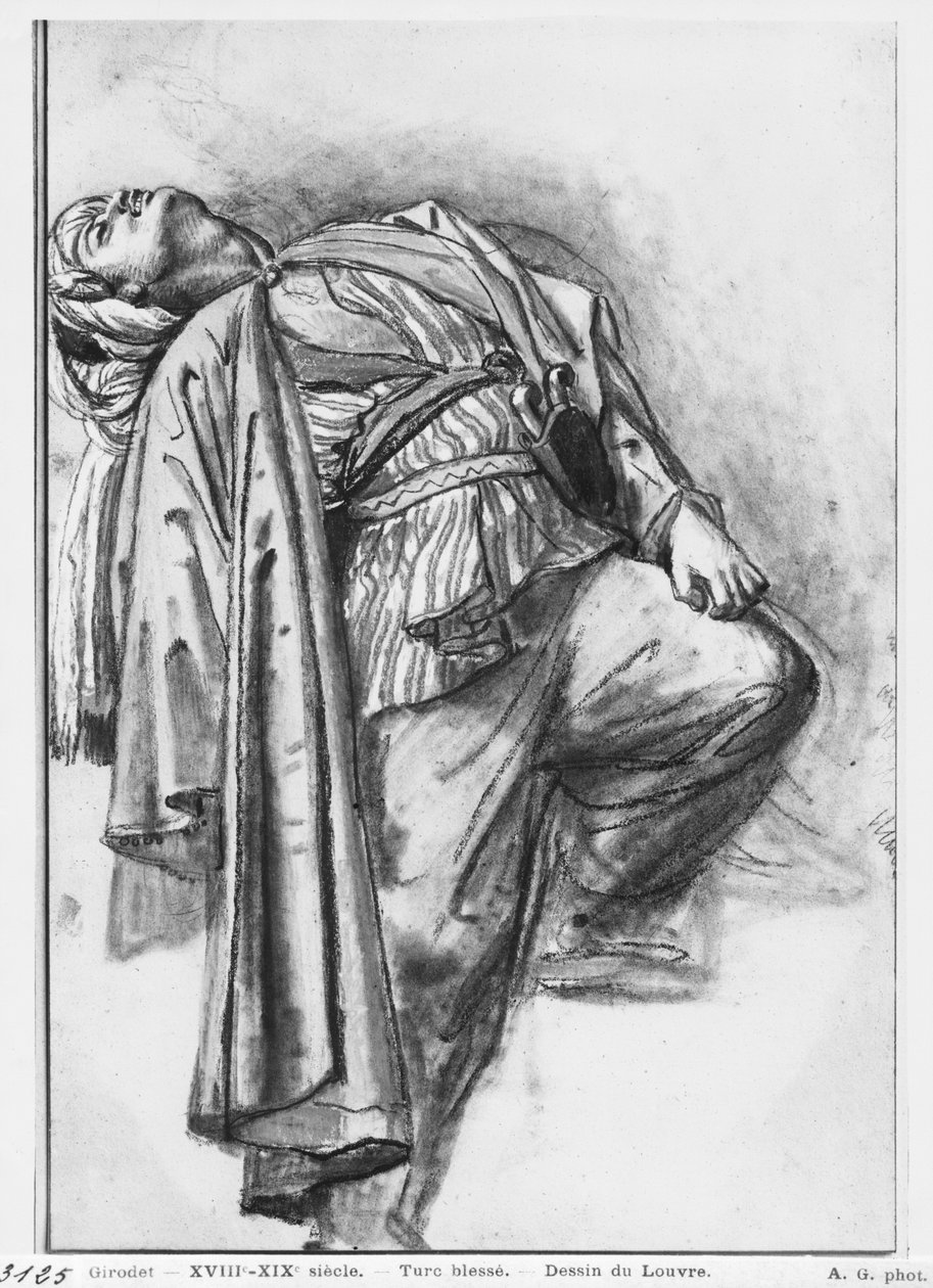 Yaralı Türk (bej kağıt üzerine siyah kalem ve kütük ve pastel) by Anne Louis Girodet de Roucy Trioson