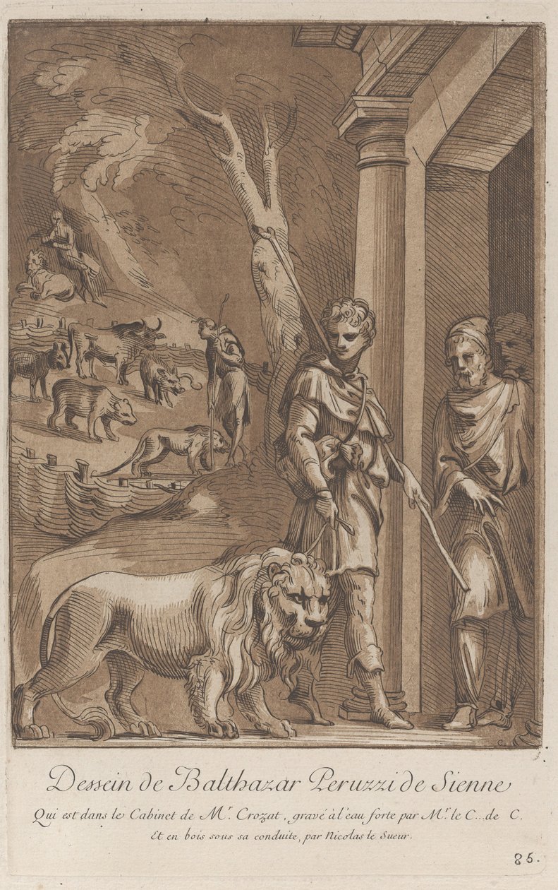Ön planda tasmalı bir aslan tutan bir çoban, orta yerde sh..., ca. 1729-64 by Anne Claude Philippe de