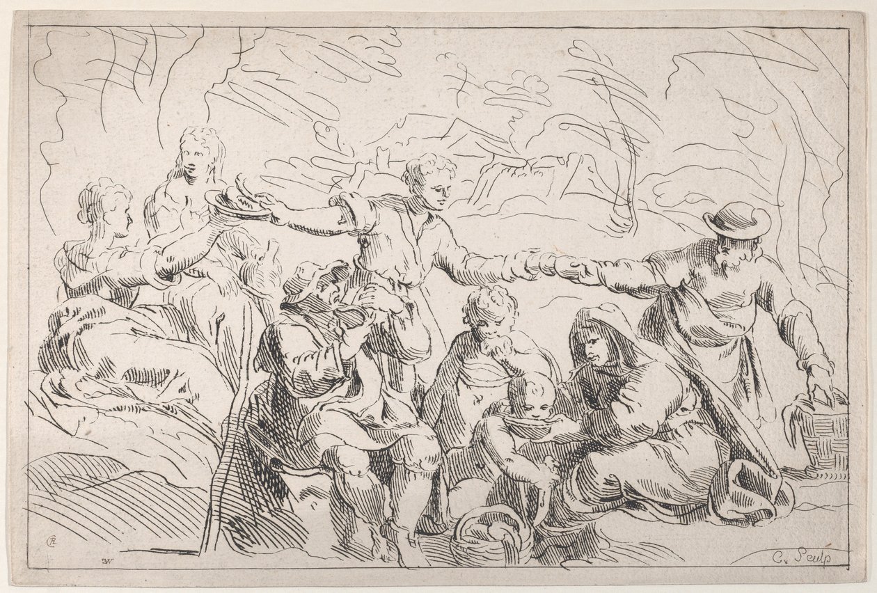 Dışarıda Yemek Yiyen Bir Parti, 18. yüzyıl. by Anne Claude Philippe de Caylus