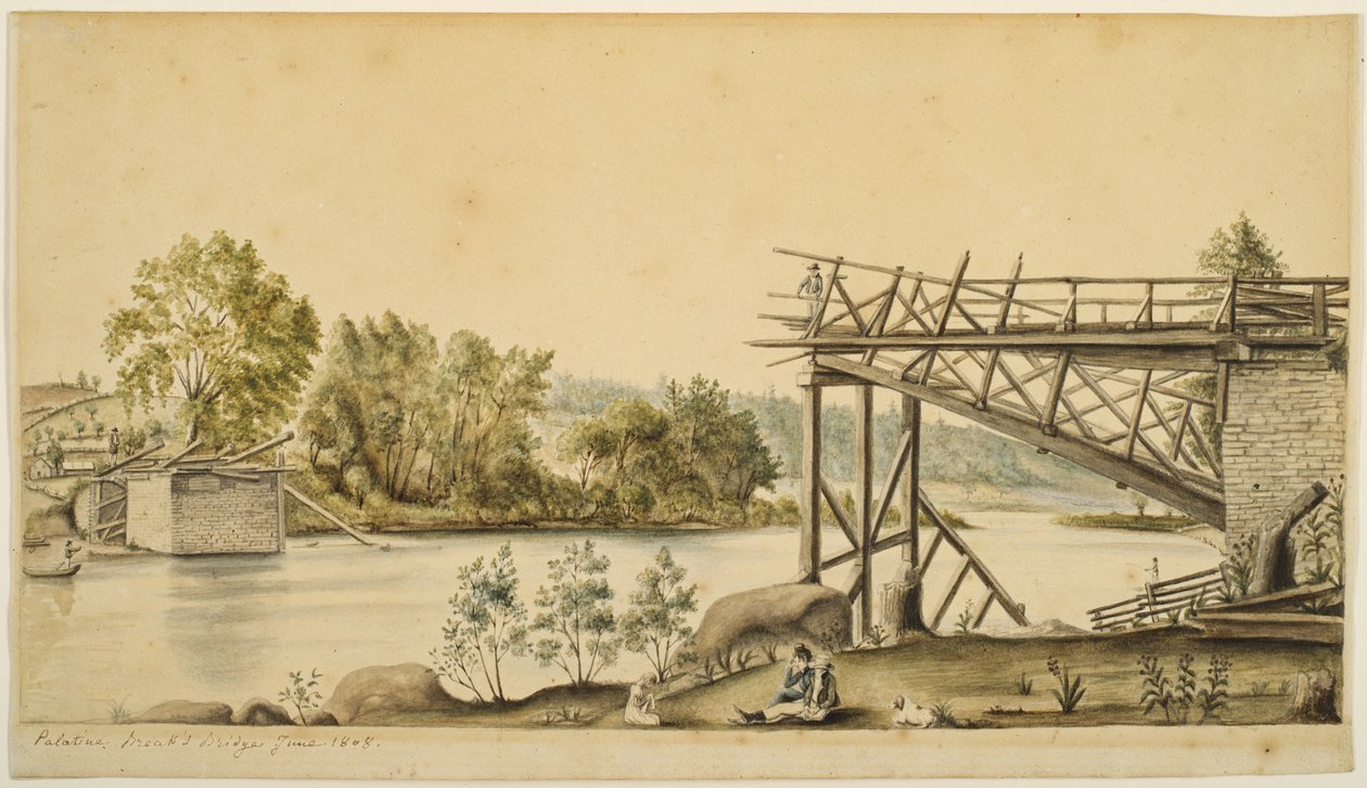 ಅಪೂರ್ಣ ಸೇತುವೆ, ಪ್ಯಾಲಟೈನ್, ನ್ಯೂಯಾರ್ಕ್, 1808 (ಕಾಗದದ ಮೇಲೆ ಜಲವರ್ಣ ಮತ್ತು ಗ್ರ್ಯಾಫೈಟ್) ಟರ್ಕಿ by Anne Marguerite Hyde de Neuville