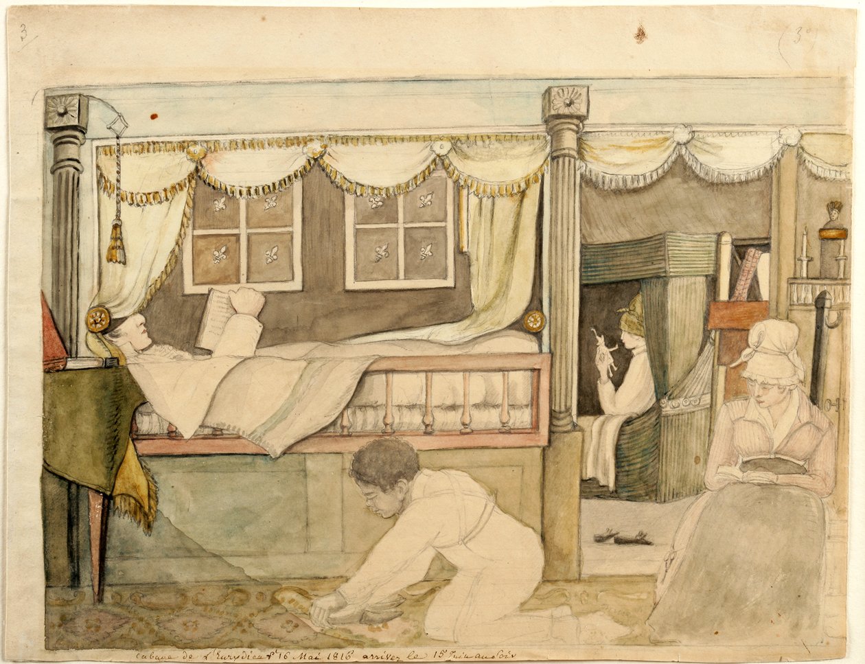 ಯೂರಿಡೈಸ್‌ನಲ್ಲಿನ ಹೈಡ್ ಡಿ ನ್ಯೂವಿಲ್ಲೆ ಕ್ಯಾಬಿನ್, 1816 (ಜಲವರ್ಣ, ಗ್ರ್ಯಾಫೈಟ್, ಮತ್ತು ಕಾಗದದ ಮೇಲೆ ಕಪ್ಪು ಮತ್ತು ಕಂದು ಶಾಯಿ, ಕಾರ್ಡ್‌ನಲ್ಲಿ ಅಳವಡಿಸಲಾಗಿದೆ) ಟರ್ಕ್ by Anne Marguerite Hyde de Neuville