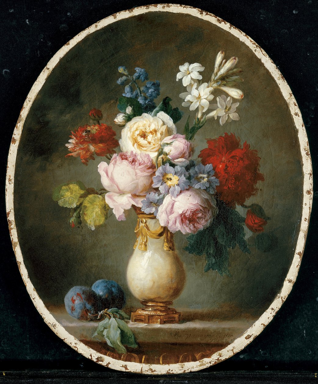 Mermer masanın üzerinde bir vazo çiçek ve iki erik, 1781 by Anne Vallayer Coster