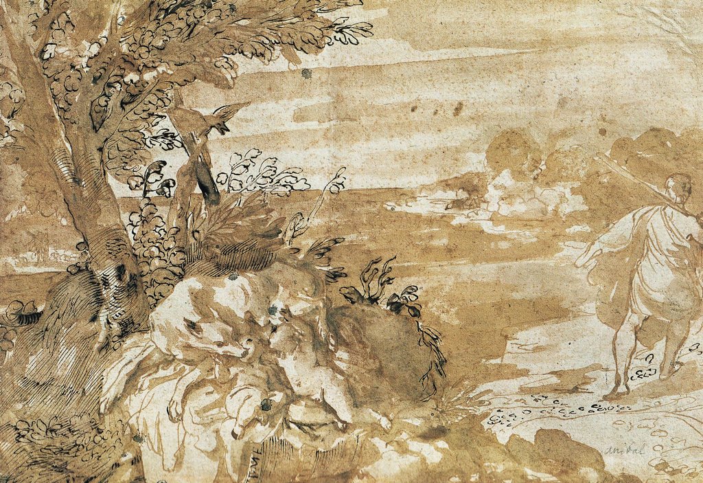 Dişi Kurt Emziren Romulus ve Remus ile Manzara by Annibale Carracci