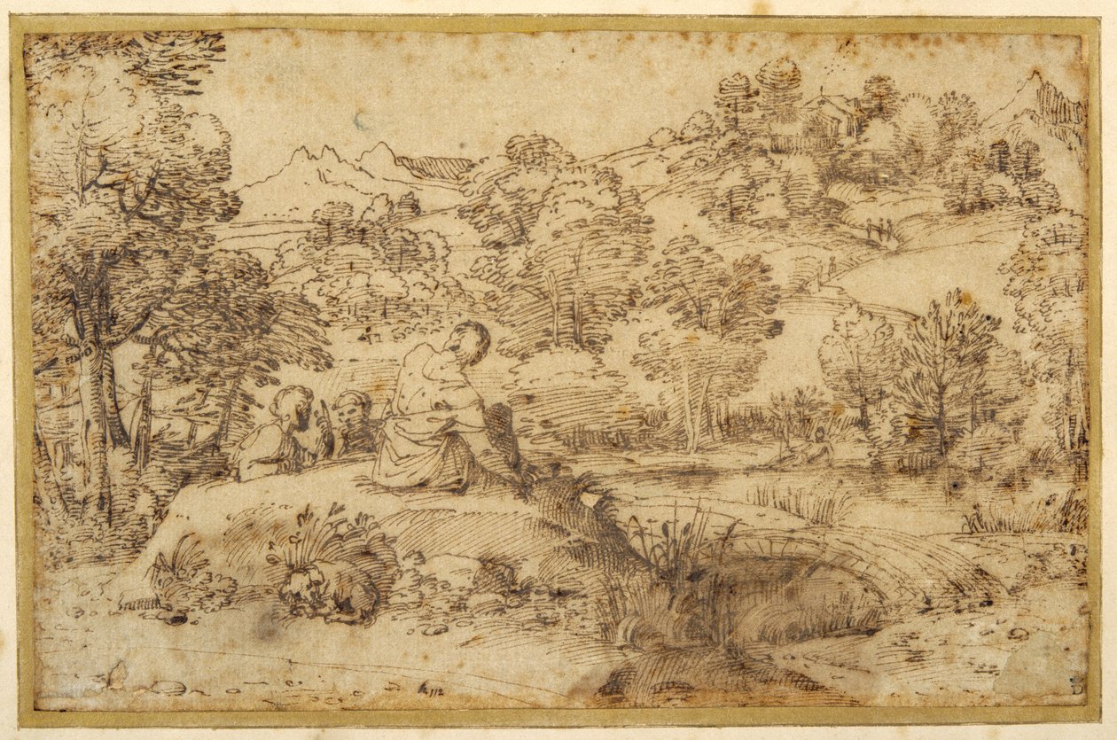 Manzara, ön planda üç adam dinleniyor ve bir köpek bir dere kenarında uyuyor (kağıt üzerinde kalem ve kahverengi mürekkep) by Annibale (follower of) Carracci