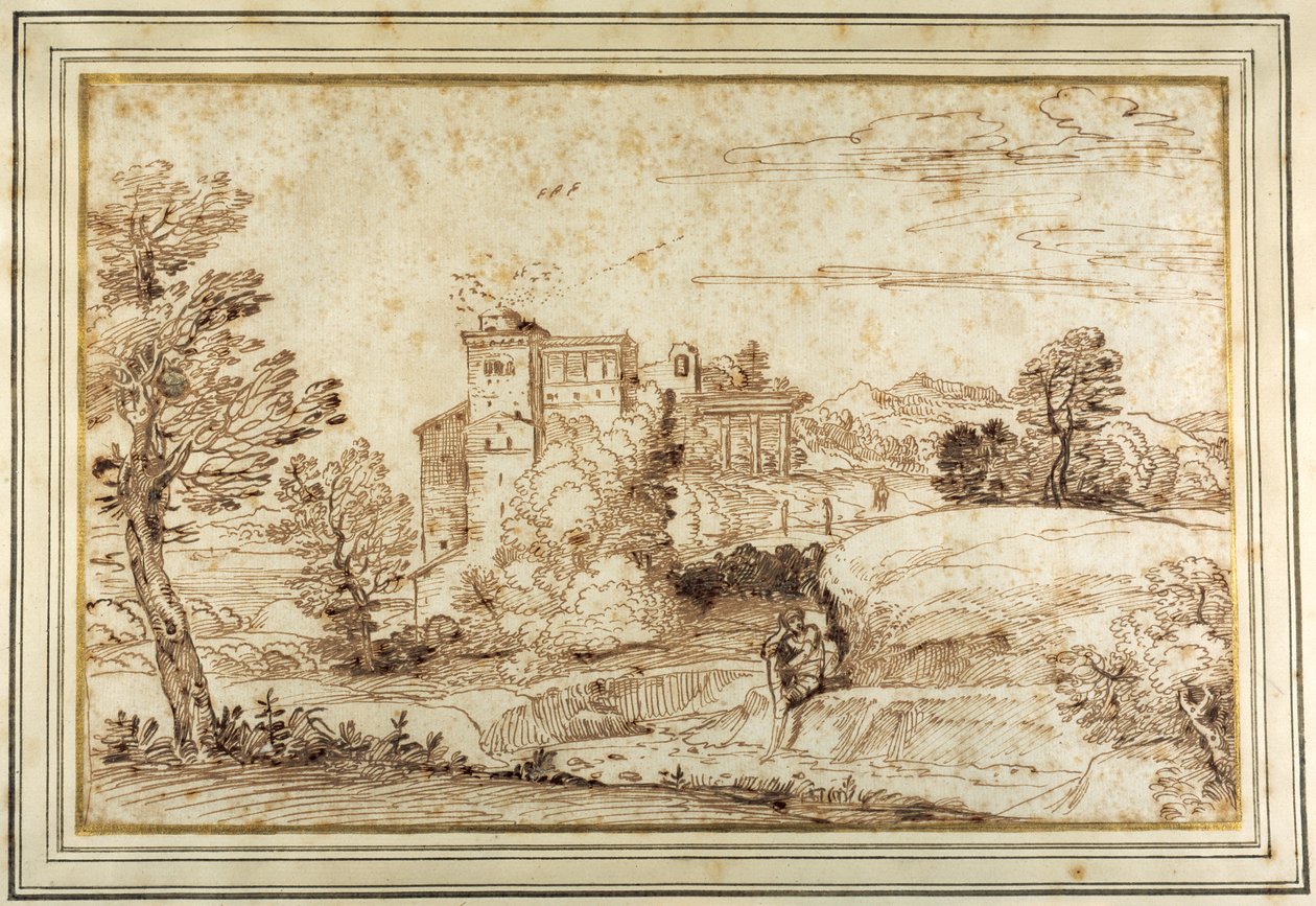 Bir kale ve klasik bir revak kalıntıları (kağıt üzerinde kalem ve kahverengi mürekkep) ile manzara by Annibale (follower of) Carracci
