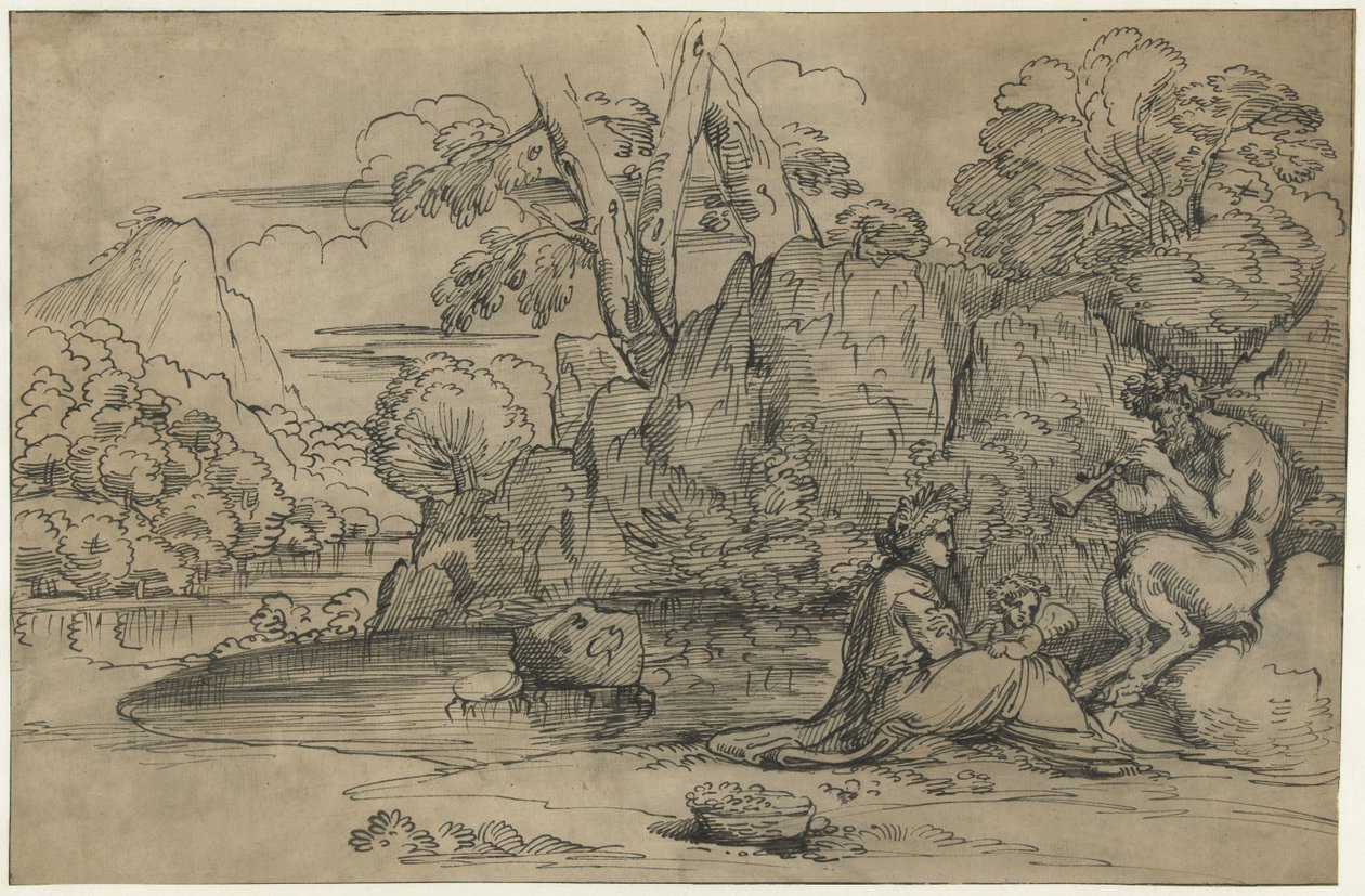 Flüt, kadın ve putto çalan bir satir ile manzara by Annibale Carracci (attributed to)