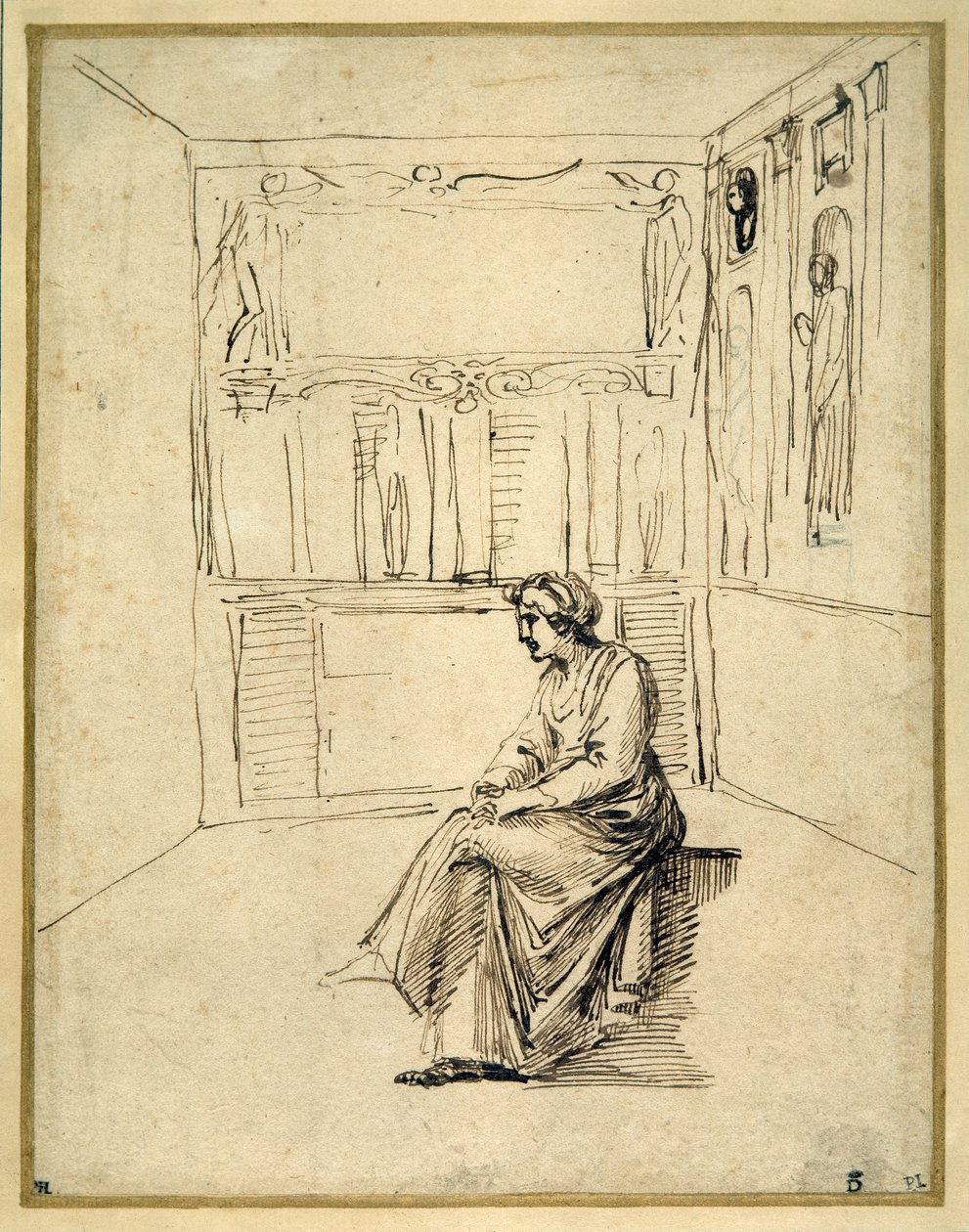 Bir odada oturan bir kadın (kağıt üzerine kalem ve kahverengi mürekkep) by Annibale Carracci