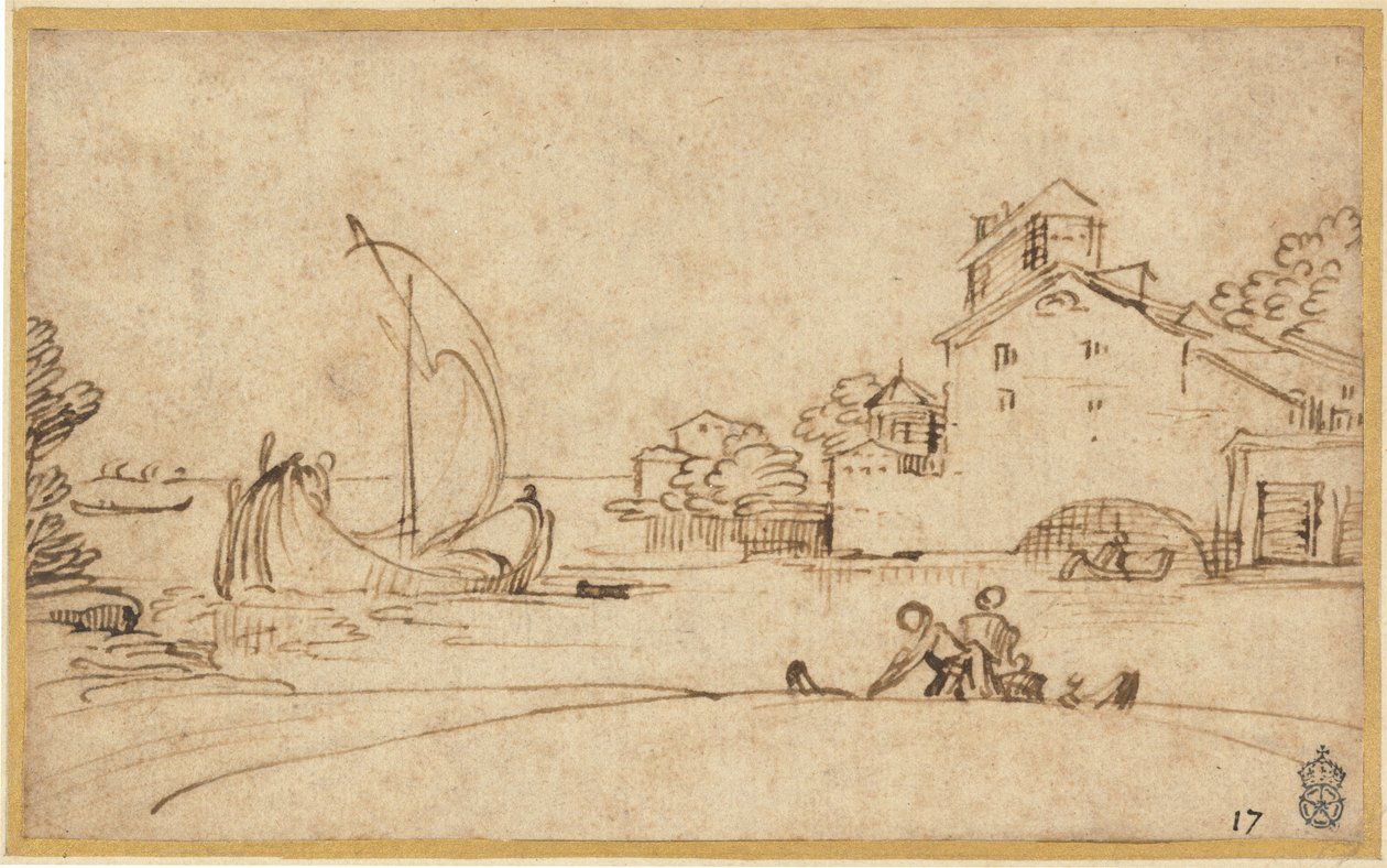 Yelkenli Teknelerle Bir Haliç Tarafından Figürlerle Manzara by Annibale Carracci