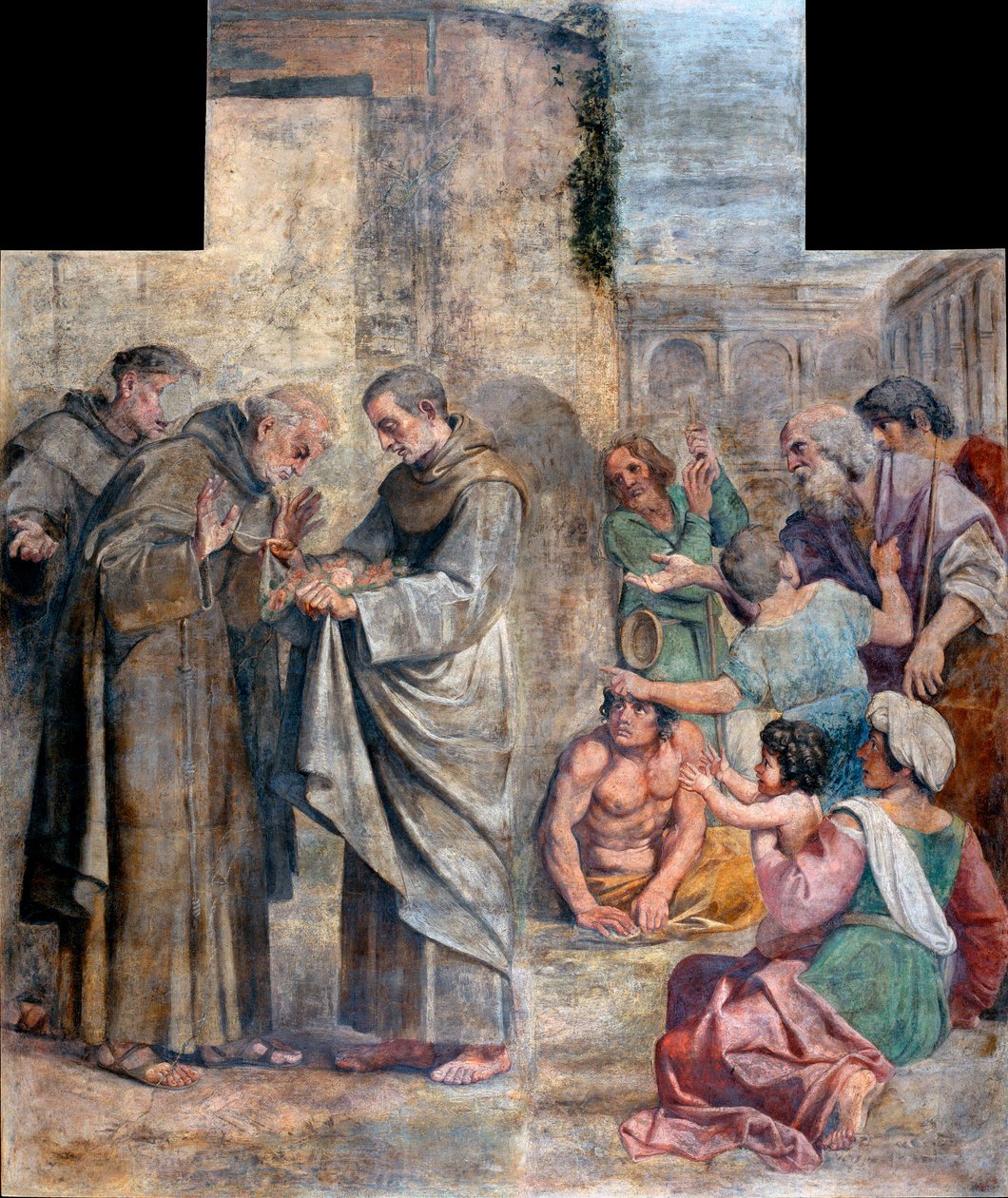Güllerin mucizesi - yiyecek hırsızlığıyla suçlanan İspanyol Fransisken rahip Alcalalı Saint Diego (1400-1463), onları fakirlere verme alışkanlığında sakladığı gıda maddelerinin güllere dönüştüğünü bulur - Annibale Carracci