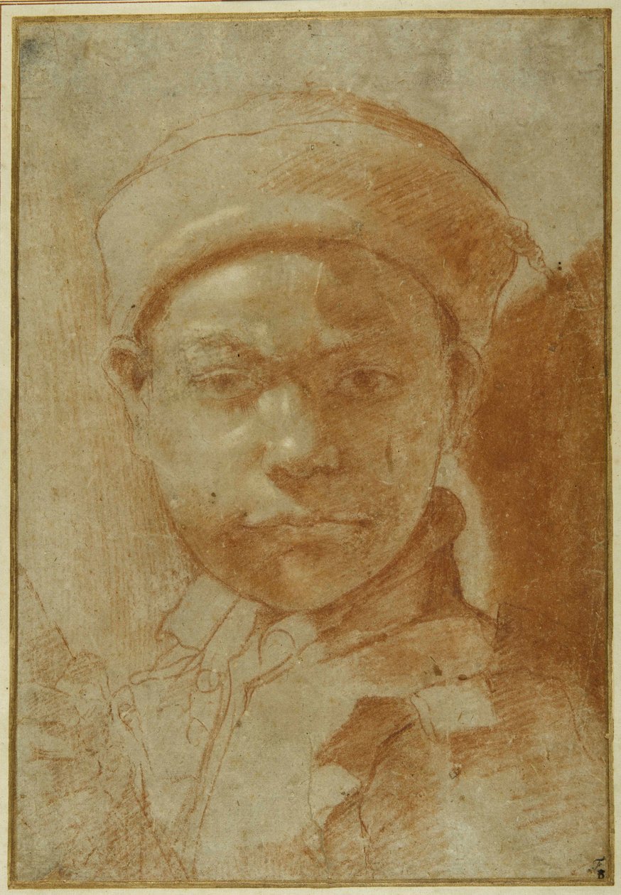 Bir gencin portresi, göğüs boyunda, yuvarlak şapkalı (gri kağıt üzerinde kırmızı tebeşir) by Annibale Carracci