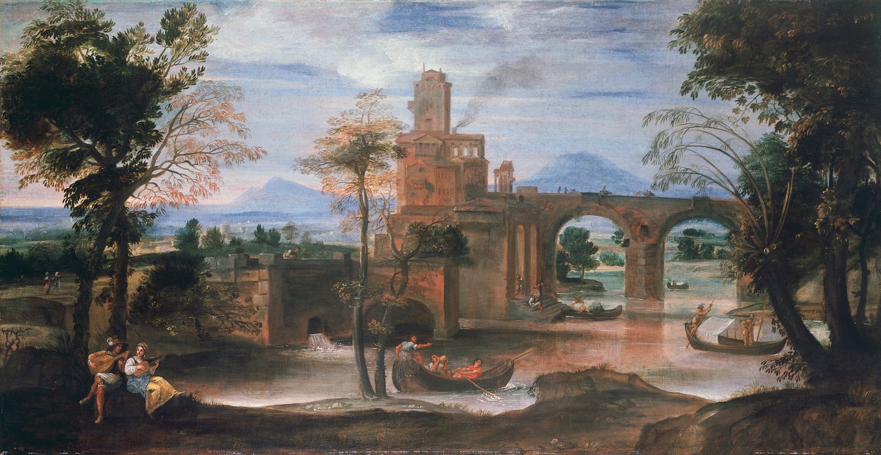 Kale ve köprü ile nehir manzarası, c.1598 (tuval üzerine yağlı boya) by Annibale Carracci