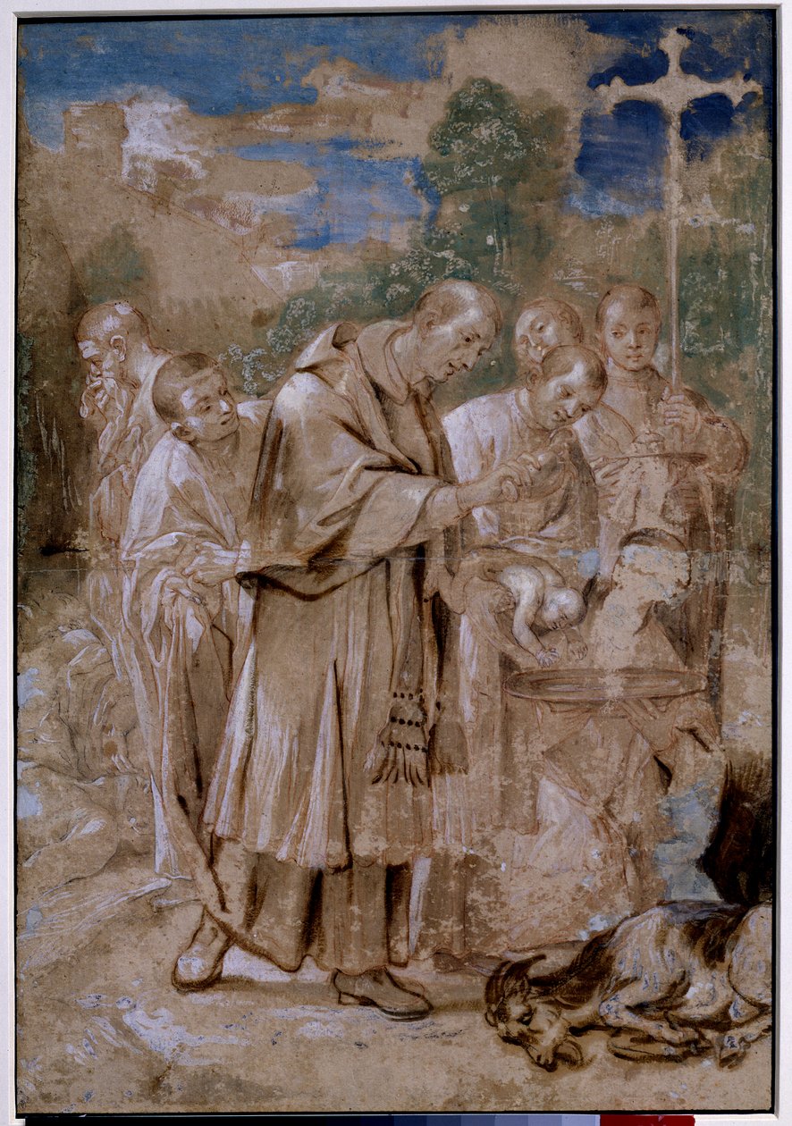 Saint Charles Borromee bir çocuğu vaftiz ediyor. Ölü koyunlar ve bir adamın kokuyu solumamak için burnunu kapattığı vücut katmanlarının eskizleri, çizimin Milan Saint Charles Borromee