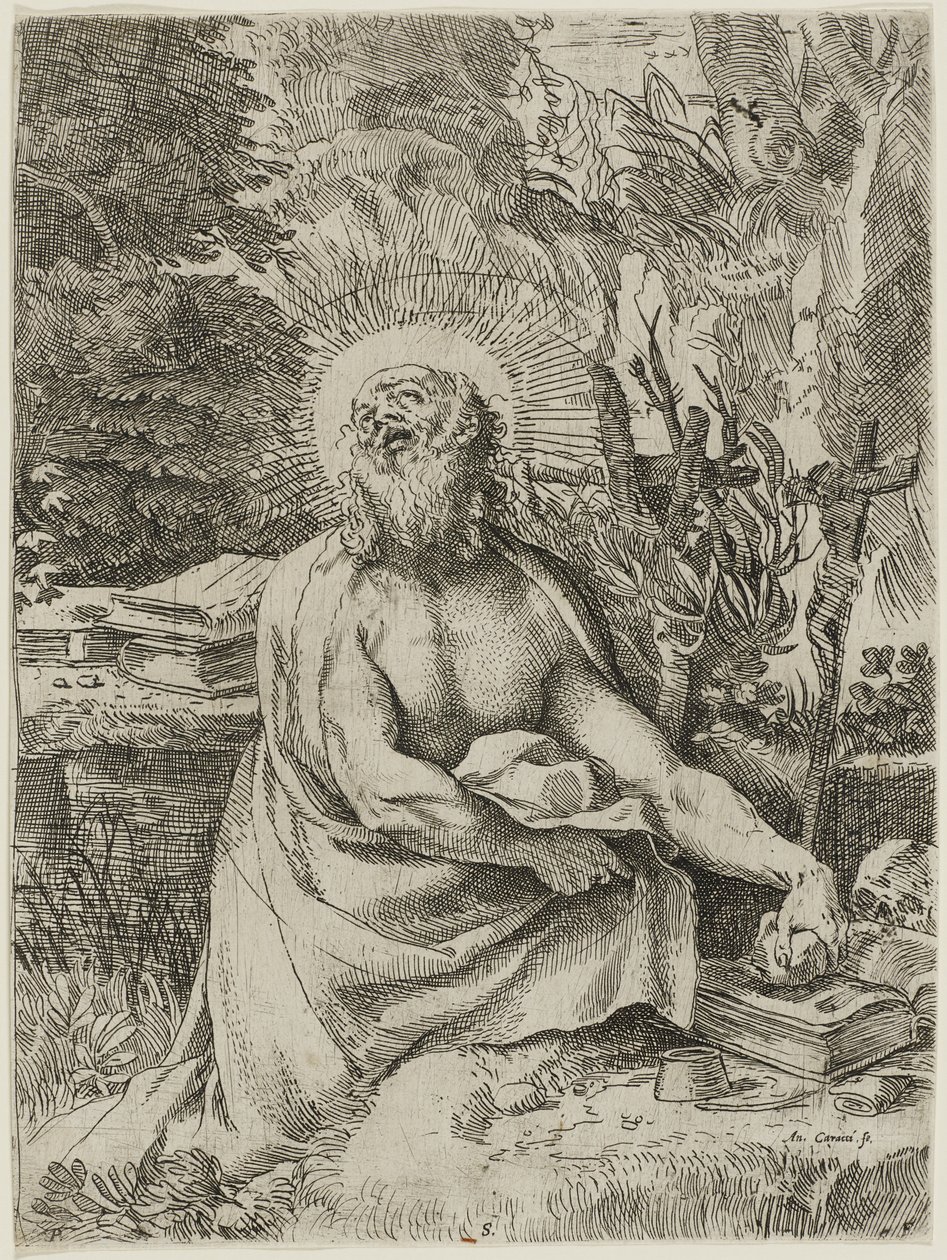 Aziz Jerome Vahşi Doğada, c.1591 (döşemiş kağıt üzerine gravürle oyma, iiiiv) by Annibale Carracci