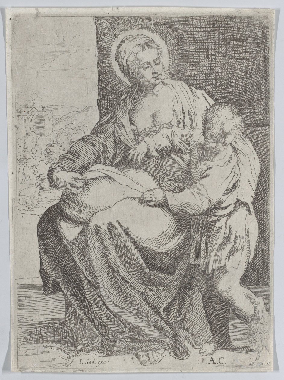 Bakire, kucağında bir yastık tutarak oturuyor ve genç İsa sağda duruyor..., 1580-1600. by Annibale Carracci