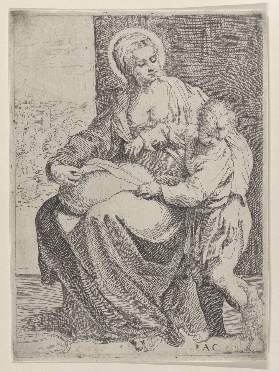 Bakire, kucağında bir yastık tutarak oturuyor ve genç İsa sağda duruyor..., 1580-1600. by Annibale Carracci