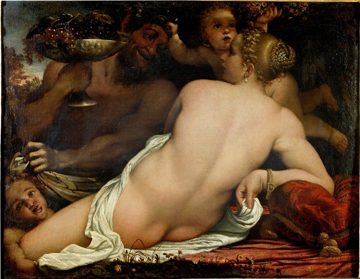 Bacchante, Venüs, satir ve iki aşk tanrısı, detay (tuval üzerine yağlı boya, yaklaşık 1588) by Annibale Carracci