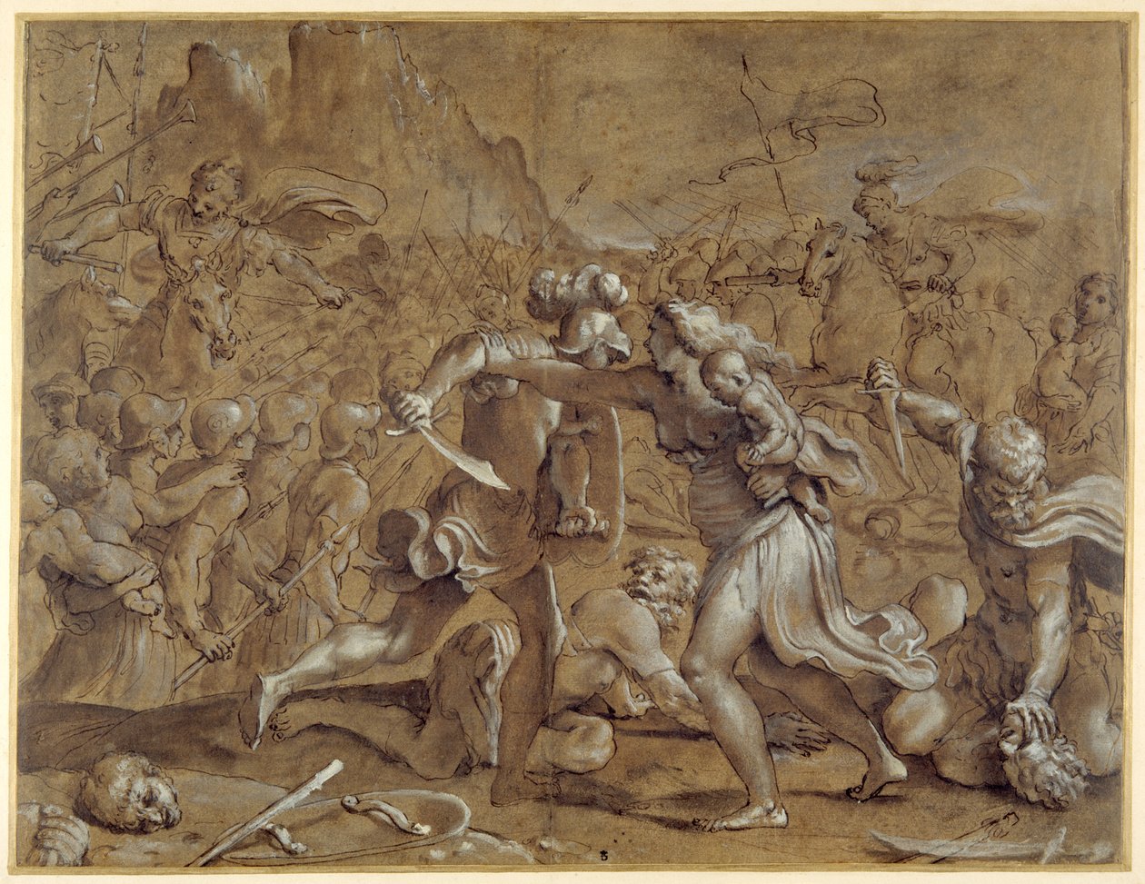 Romalılar ve Sabinler arasındaki savaş (kağıt üzerinde yıkama ve guaj ile kalem ve mürekkep) by Annibale Carracci