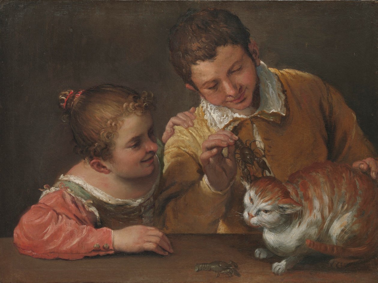 Bir Kediyi Alay Eden İki Çocuk (tuval üzerine yağlı boya) by Annibale Carracci
