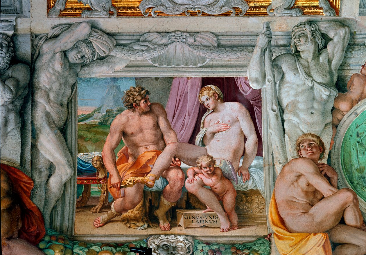 Annibale Carracci (Annibal Carrache) (1560-1609) tarafından Venüs ve Anchise Fresco. 1597-1600 Roma, Palazzo Farnese by Annibale Carracci