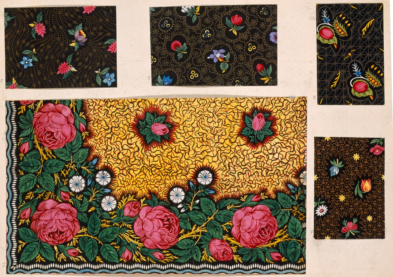 Tekstil tasarımı, ek renk swagları ile Pembe Güller. Fransız, 19. yüzyılın başlarında by Unbekannt Unbekannt
