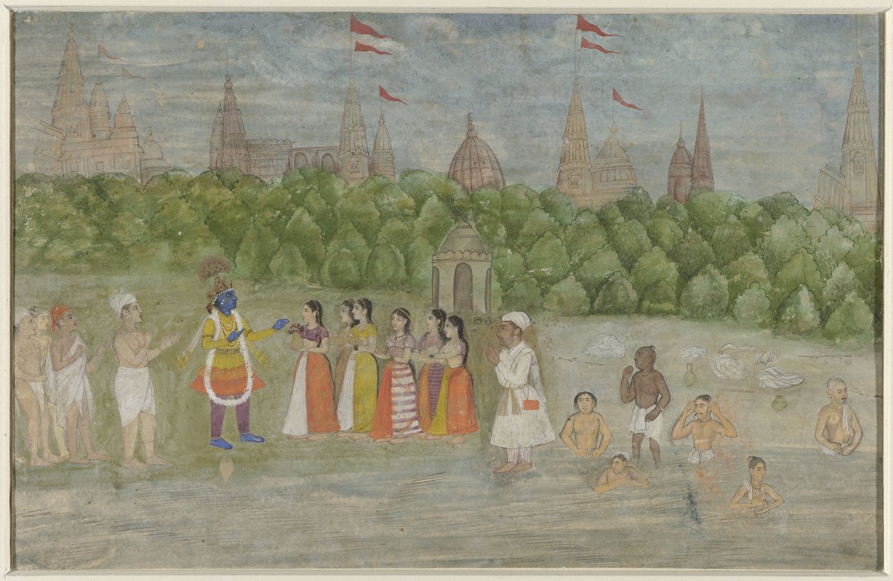Brindaban'da Yamuna'nın kıyısında, Krishna Gopilerle dans ediyor by Anonymous