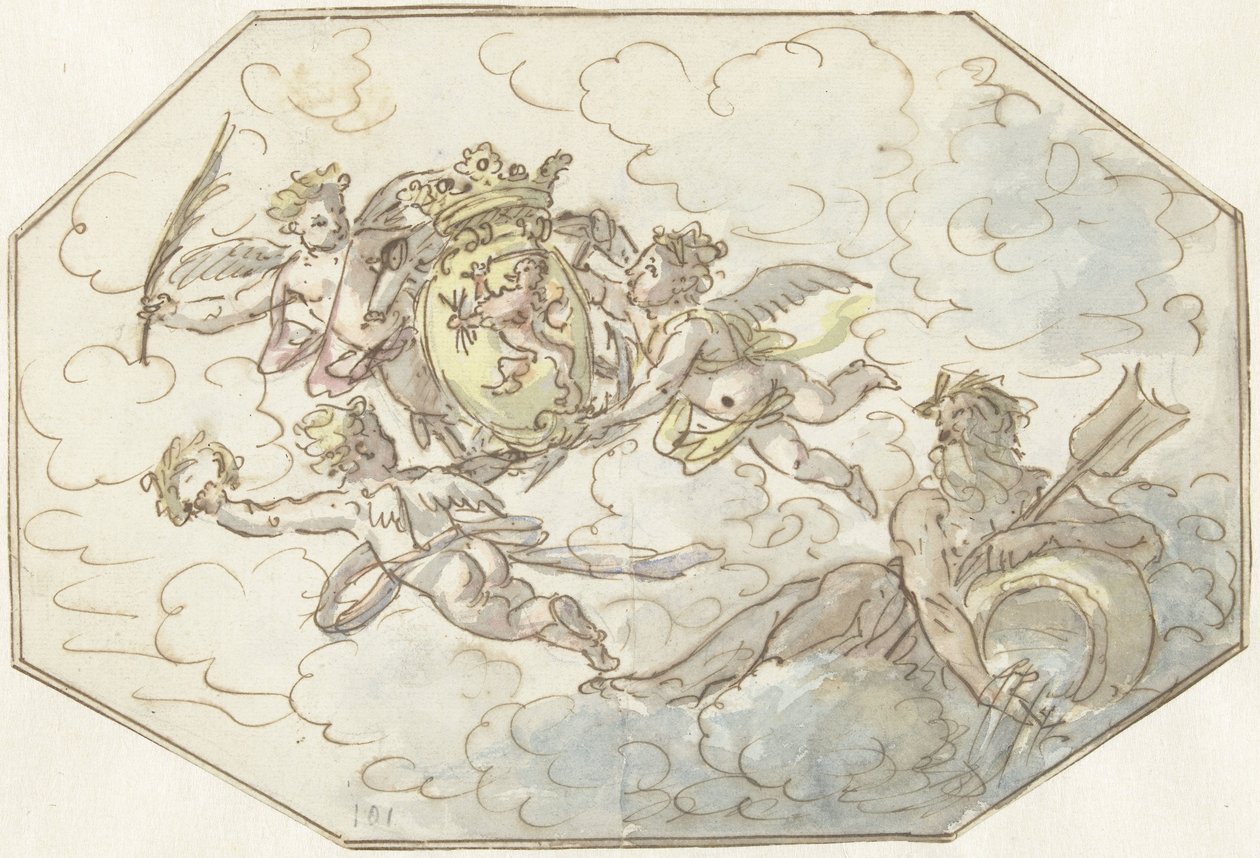 Silah ve nehir tanrısı ile putti ile alegori by Anonymous