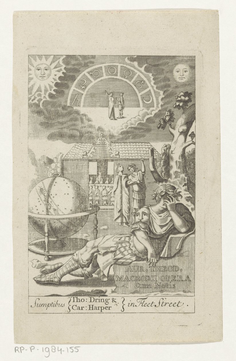 Ambrosius Theodosius Macrobius leunend op steen naast küre Au. Teod. Macrobii Opera Cum Notis (nesne üzerine başlık) Başlık sayfası için: Ambrosius Theodosius Macrobius, Aur. Theodosii Macrobii V. Cl. & Illustris Operası, 1694 by Anonymous