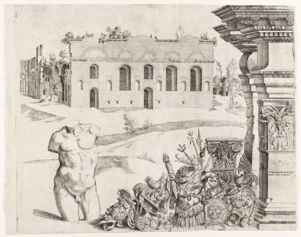 Devşirme, bir erkek gövde ve Diocletian Hamamı manzaralı mimari capriccio by Anonymous