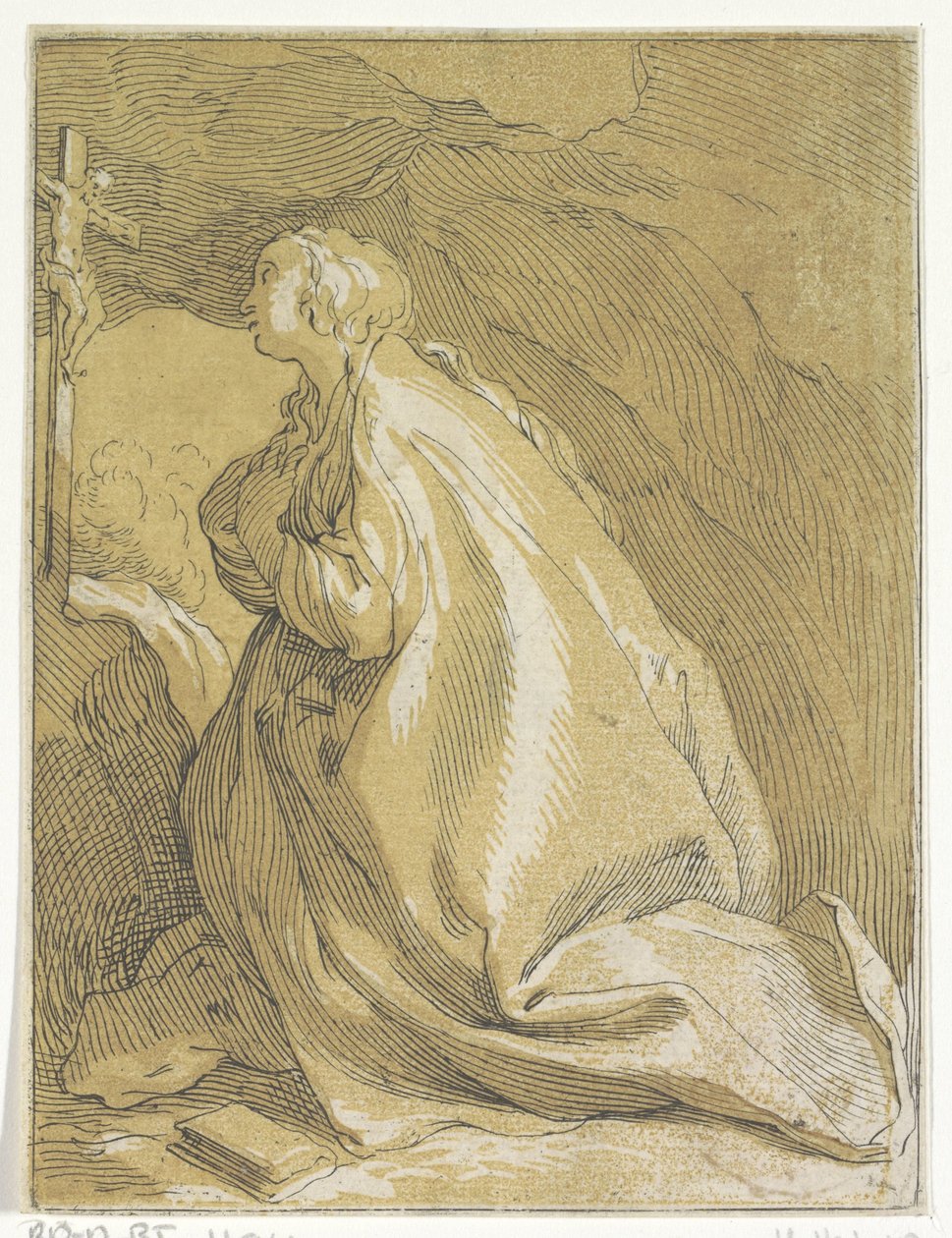 Bir haç önünde mağarada diz çökmüş Tövbekar Mary Magdalene by Anonymous