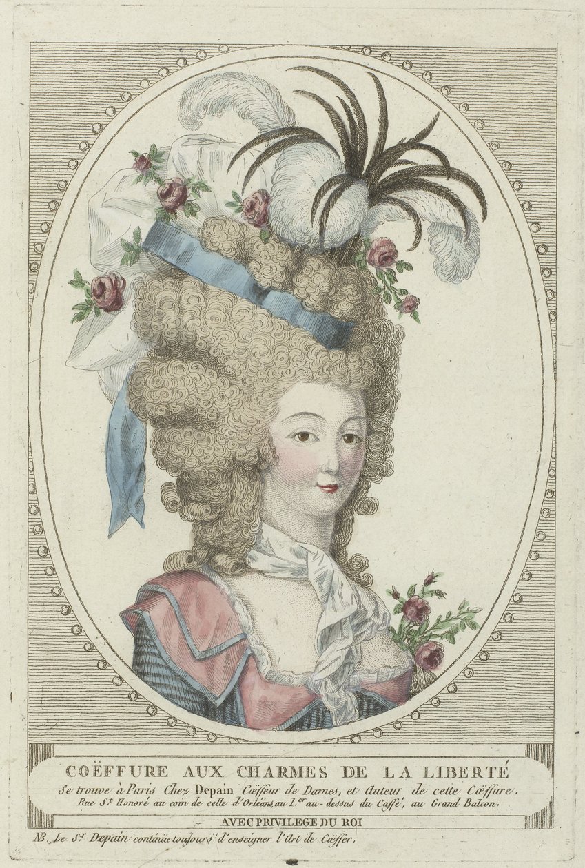 Kuaförler, Puflar, Şapkalar ve Boneler: Kuaförden İki Kuaför Depain Coiffures de Depain, yakl. 1790: Özgürlüğün Cazibesi ile Coëffure by Anonymous