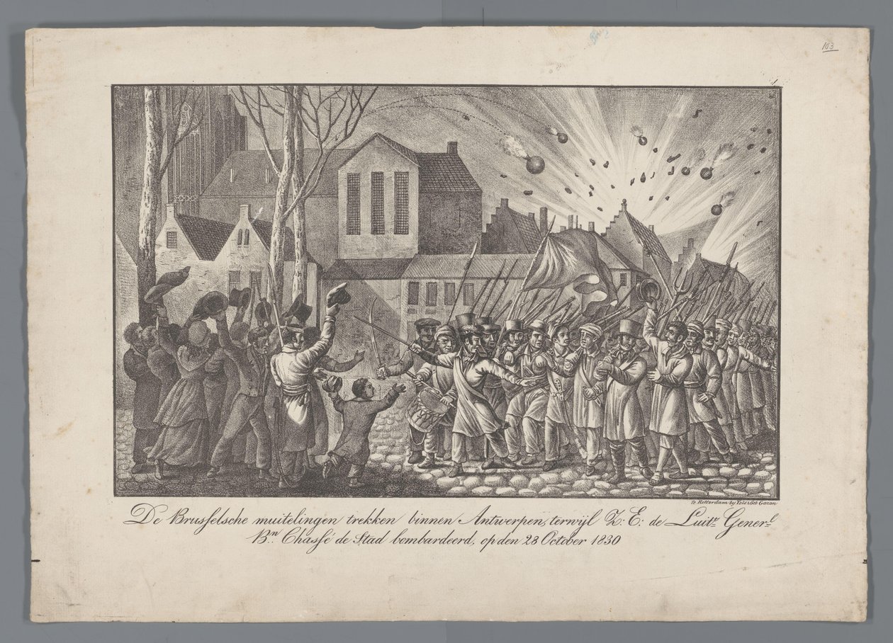 Brüksel isyancıları Anvers'e taşınırken, HE de Luit Generl. bn. Chassé, 28 Ekim 1830'da şehri bombaladı (nesnedeki başlık) by Anonymous