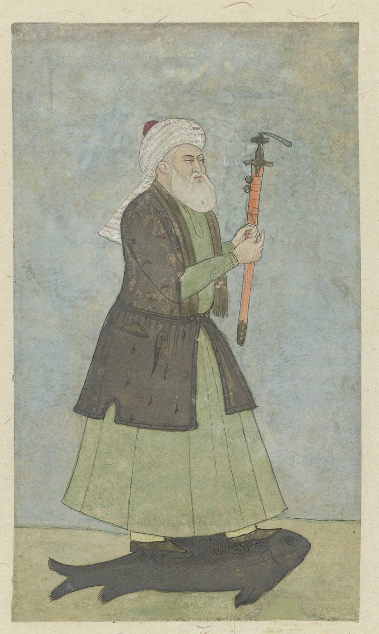 Elinde bir kılıçla Kutsal Khwaja Khadir. bir balığın üzerinde durmak by Anonymous