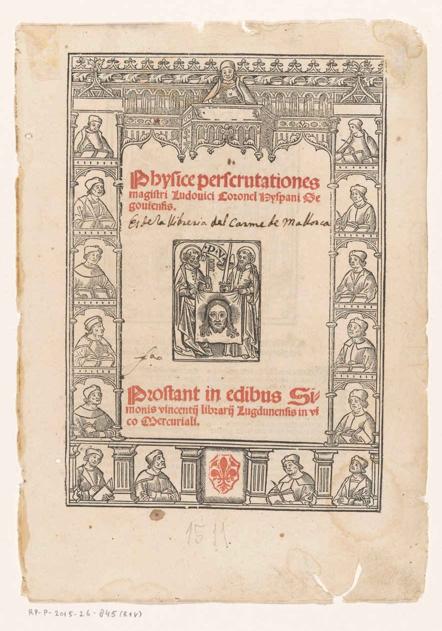On beş bilim adamı ile dekoratif çerçeve Başlık sayfası: Luis Coronel, Physice perscrutationes, 1511 by Anonymous