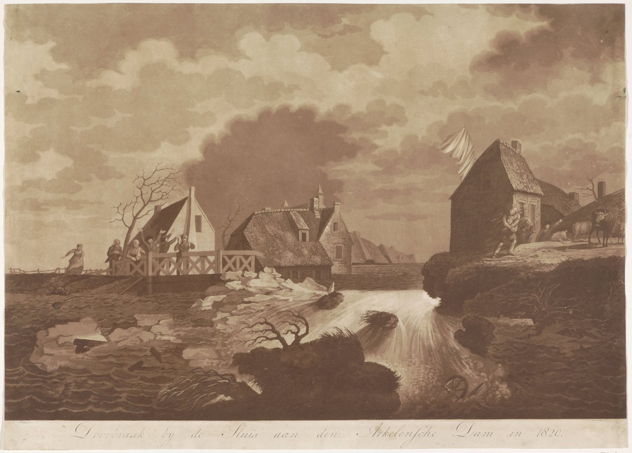 Gorinchem'deki Arkelse barajının atılımı, 1820 Arkelsche Barajı'ndaki Sluis'teki Atılım 1820'de (nesne üzerindeki başlık) by Anonymous