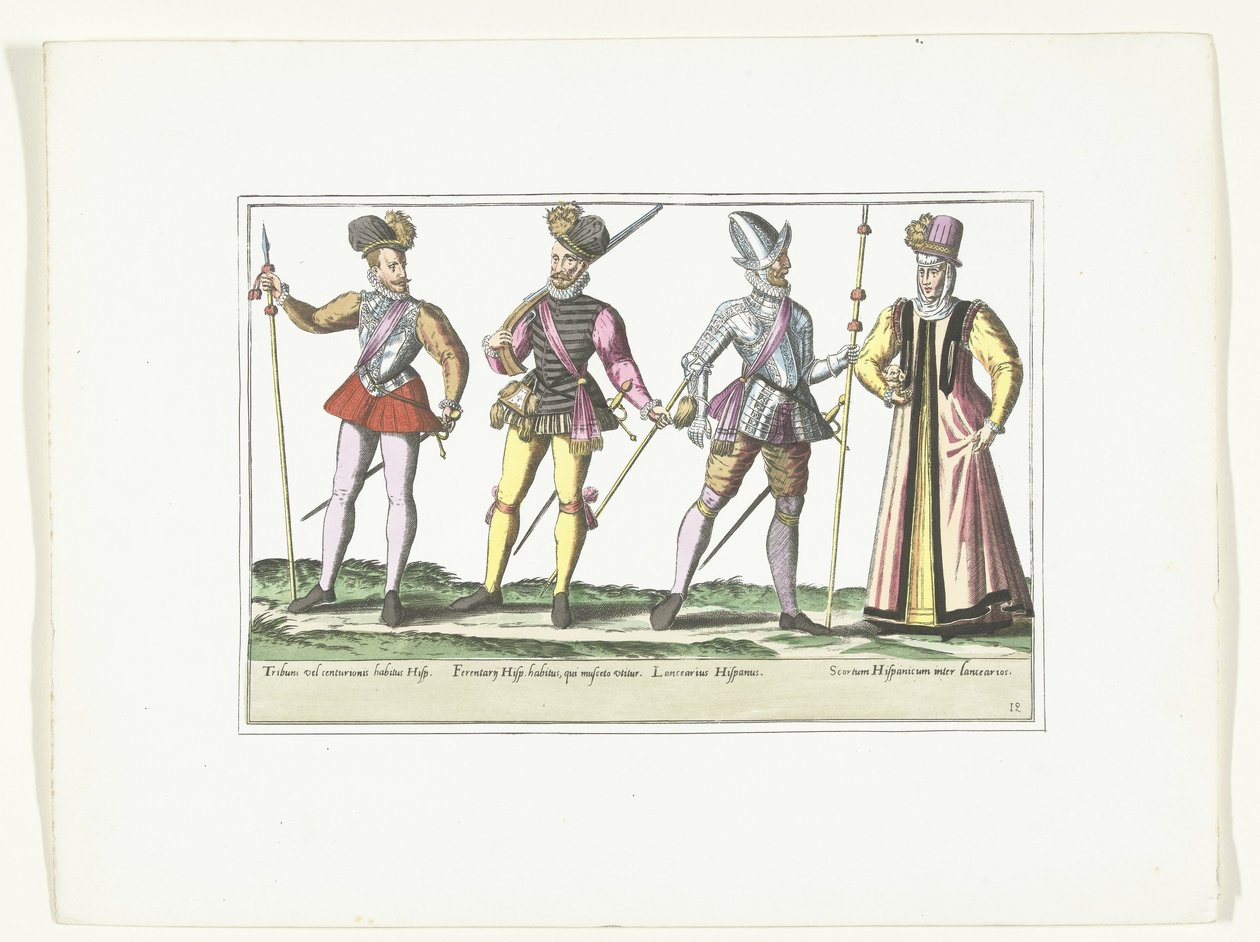 Üniformalı üç İspanyol askeri ve bir pazarlamacı, 1580 dolayları Kostümler Militaires Espagnols (nesne üzerindeki başlık) by Anonymous