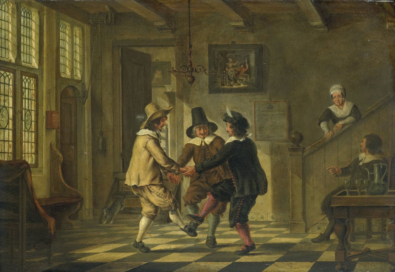 Bir verandada dans eden on yedinci yüzyıl kostümlü üç adam by Anonymous