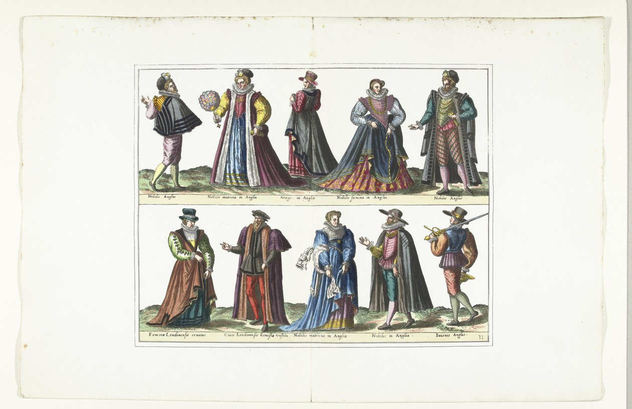 İngiliz tarzında giyinmiş beş erkek ve beş kadından oluşan çift plaka, yaklaşık 1580 Kostümler Türkçe (nesne üzerindeki başlık) by Anonymous