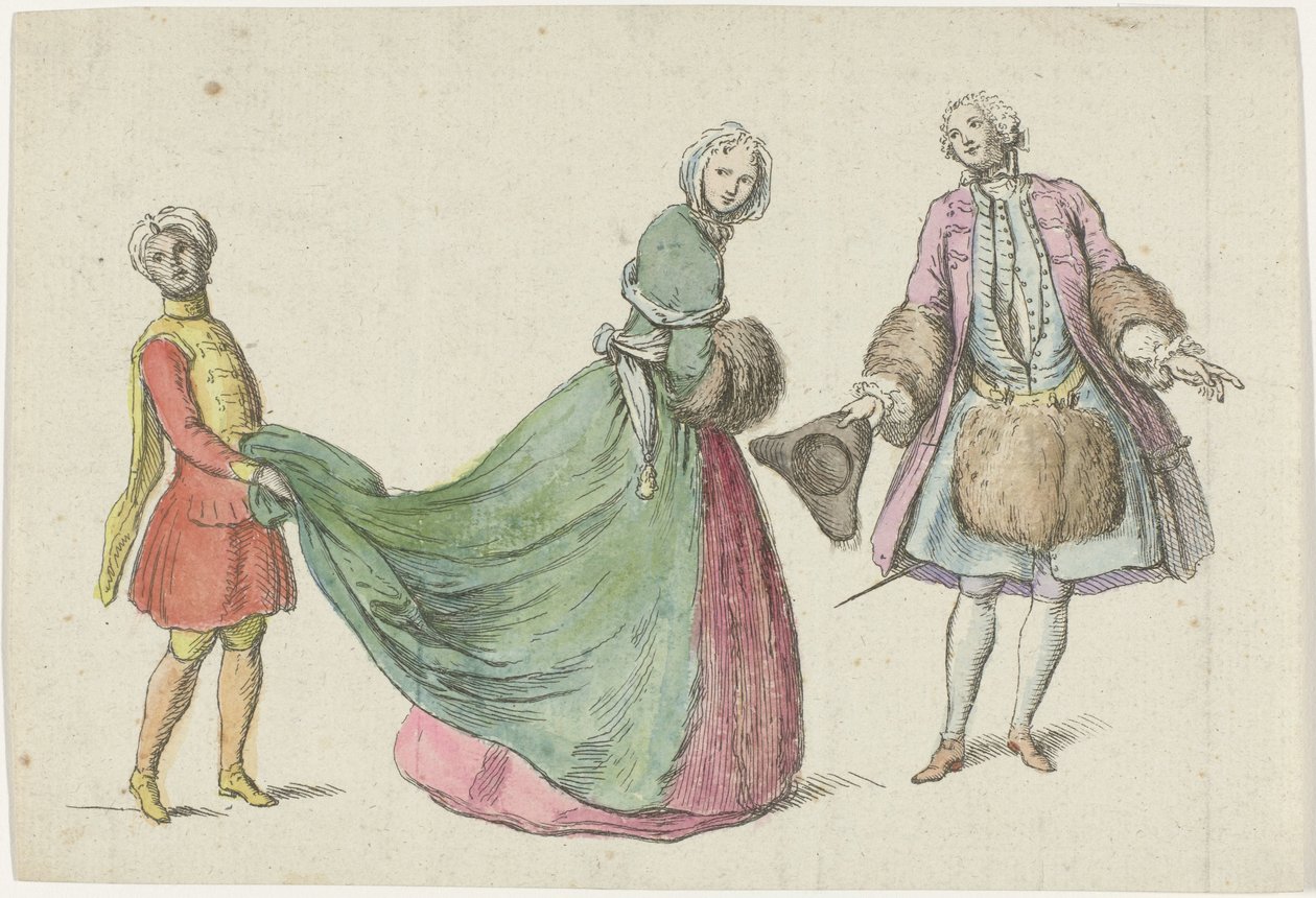 Siyah sayfa ile zarif erkek ve kadın Modes de Février Mart 1729 Mercure de France (dizi adı) by Anonymous