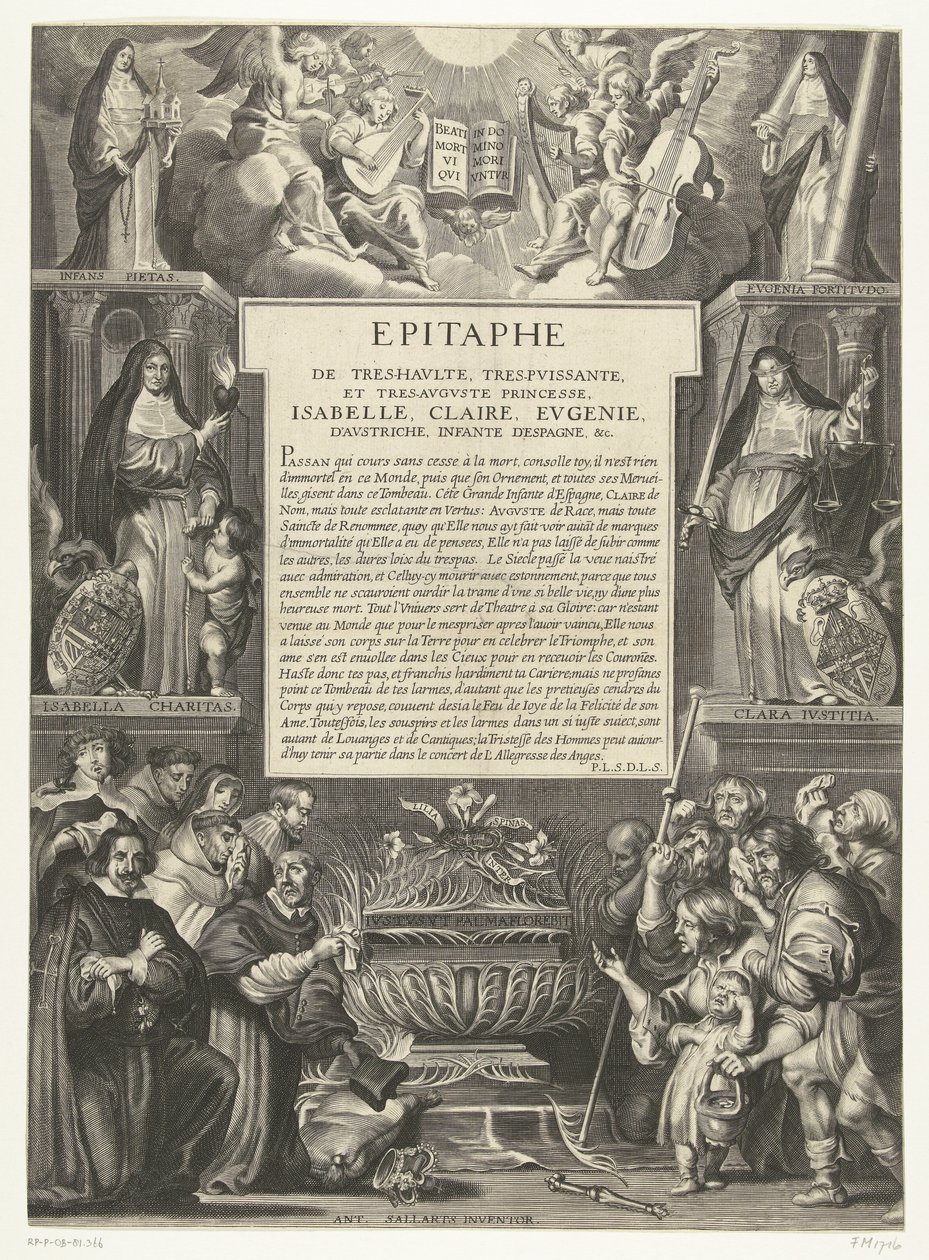 Epitaaf voor Isabella Clara Eugenia, 1633 En Yüksek, En Güçlü ve En Ağustos Prensesi, Isabella, Claire, Eugenie, Avusturya, İnfanta of Spain, &c. (nesne üzerindeki başlık) by Anonymous