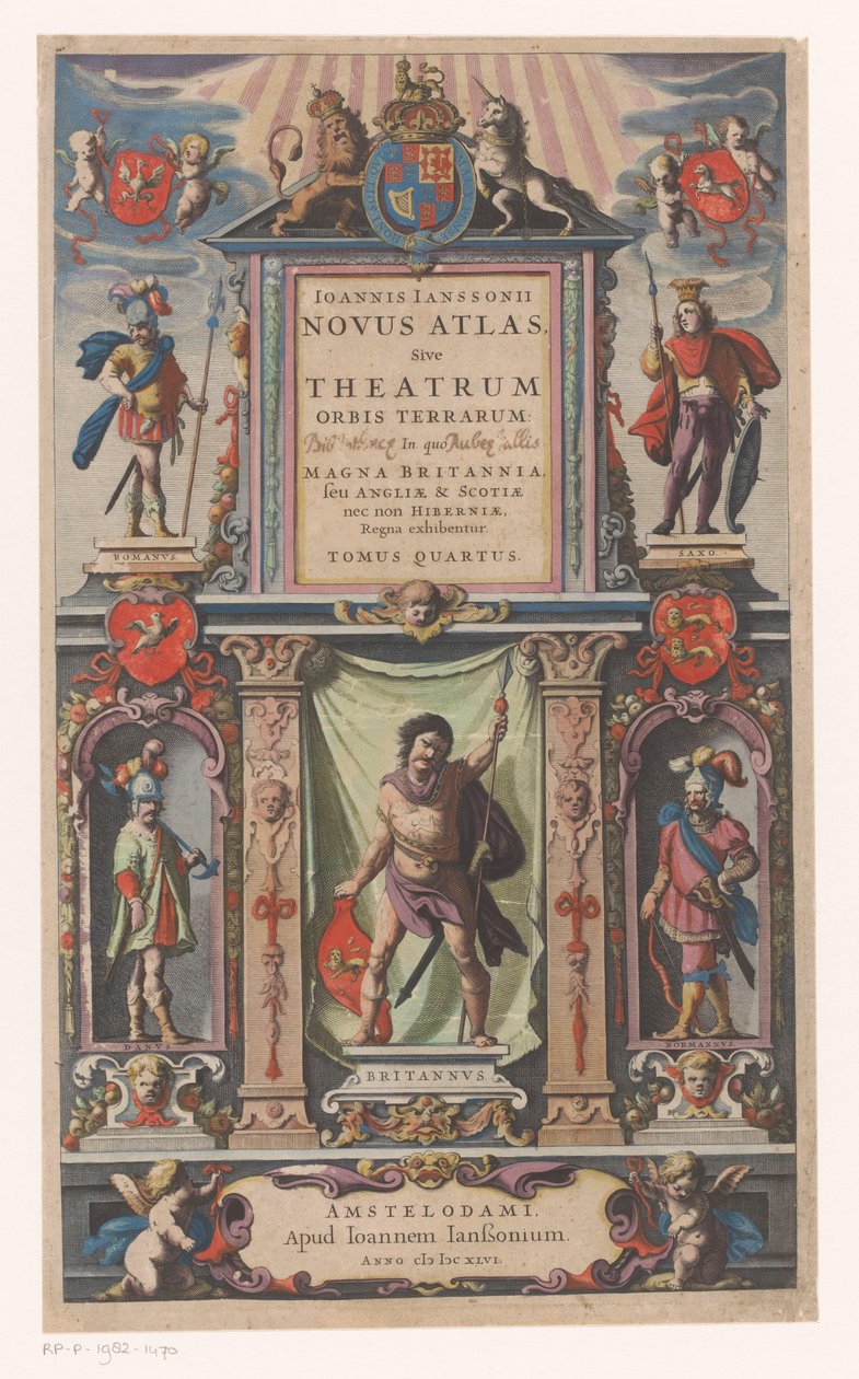 Beş nüfus grubunun kişileştirilmesiyle cephe Başlık sayfası: Johannes Janssonius, Novus atlas, Sive theatrum (...) Tomus quartus, 1646 by Anonymous