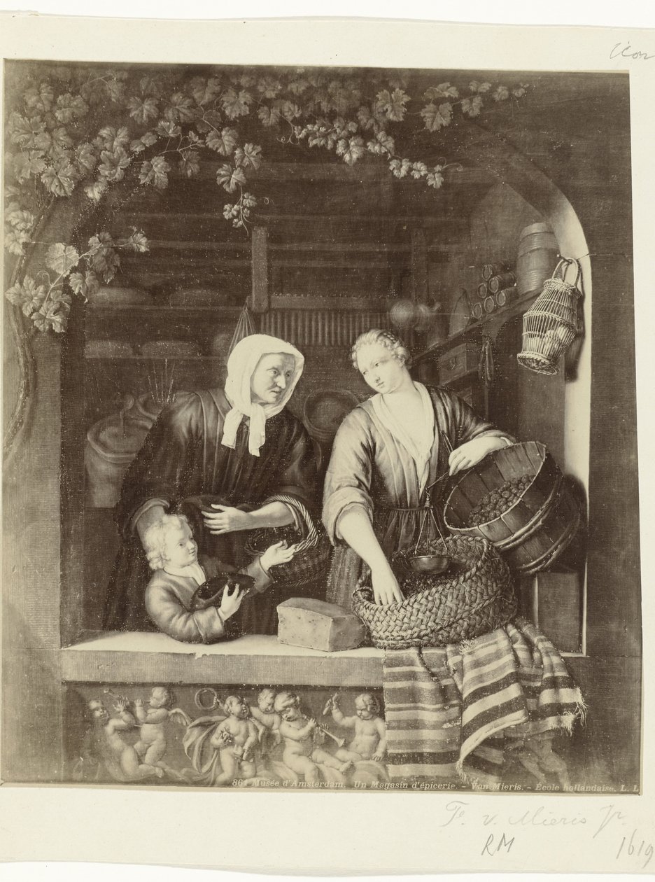 Frans van Mieris II Musée d'Amsterdam'ın The Grocery Store tablosunun fotoğraf reprodüksiyonu. Bir Magasin d'épicerie. - Van Mieris. (nesne üzerindeki başlık) by Anonymous