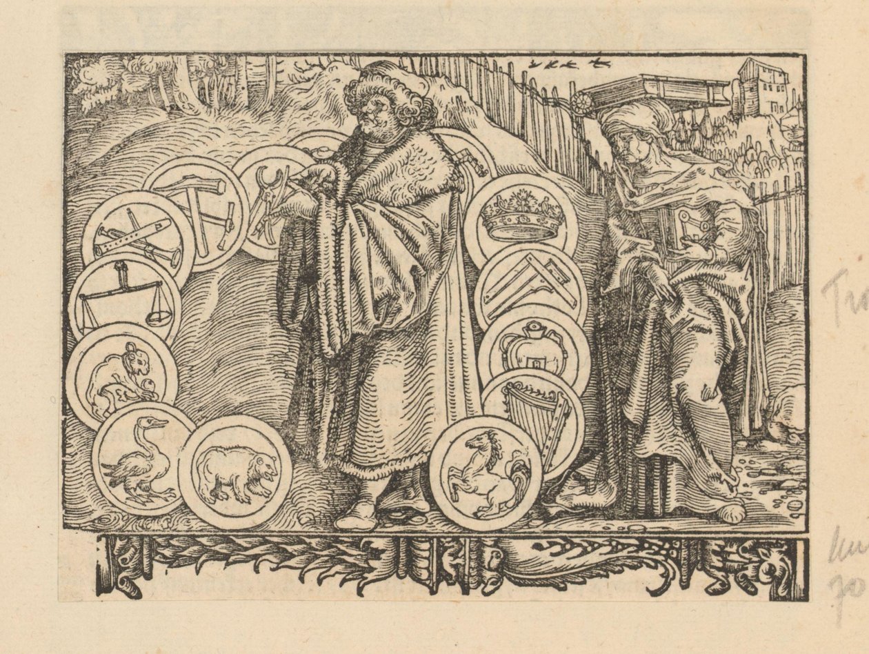Heraldry ve Bilgeliğin kişileştirilmesi ile amblemlerle çevrili bilgin by Anonymous