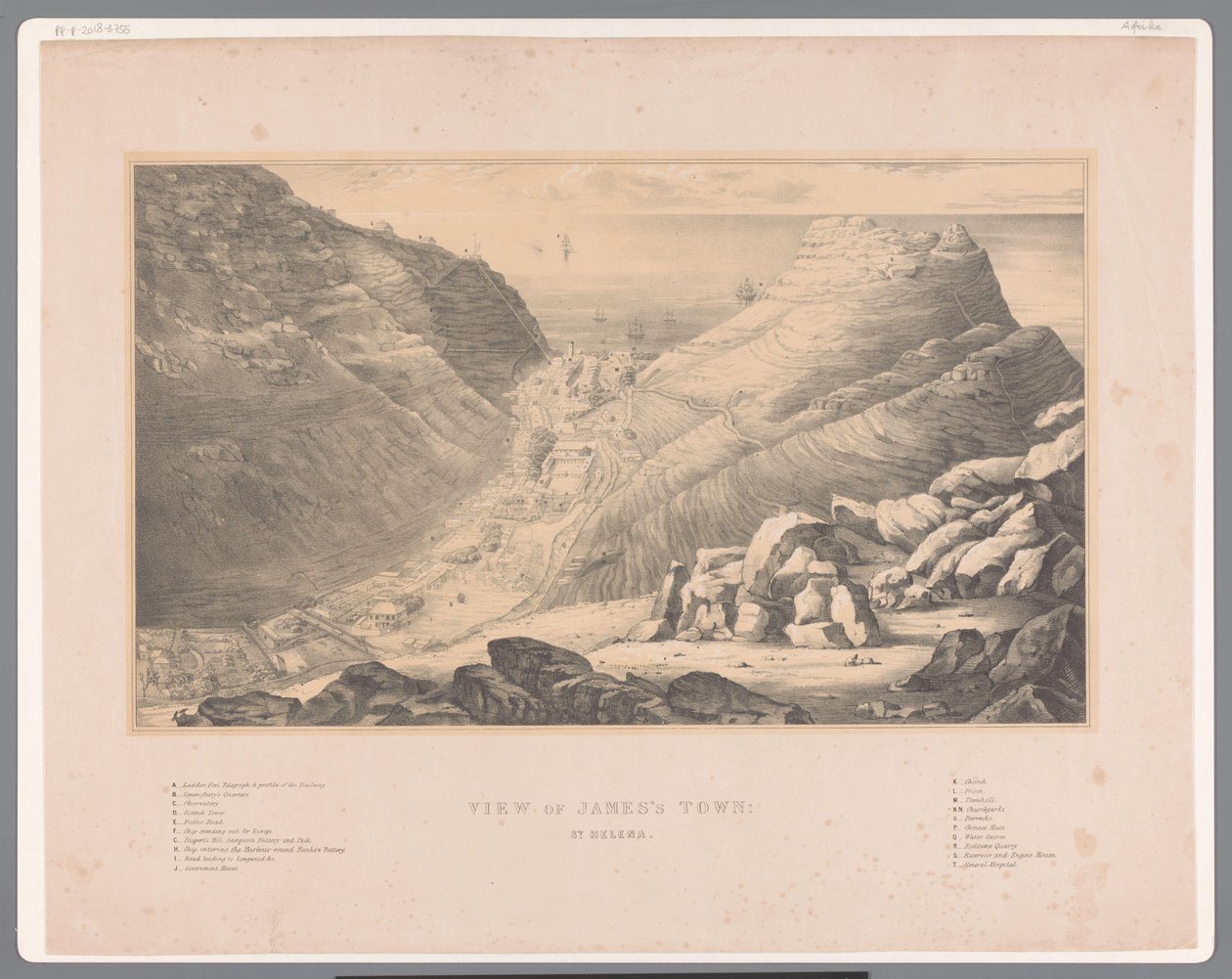 Afrika kıyılarının batısındaki St. Helena adasındaki Jamestown'un görünümü James'in kasabasının görünümü: St. Helena (nesne üzerindeki başlık) by Anonymous