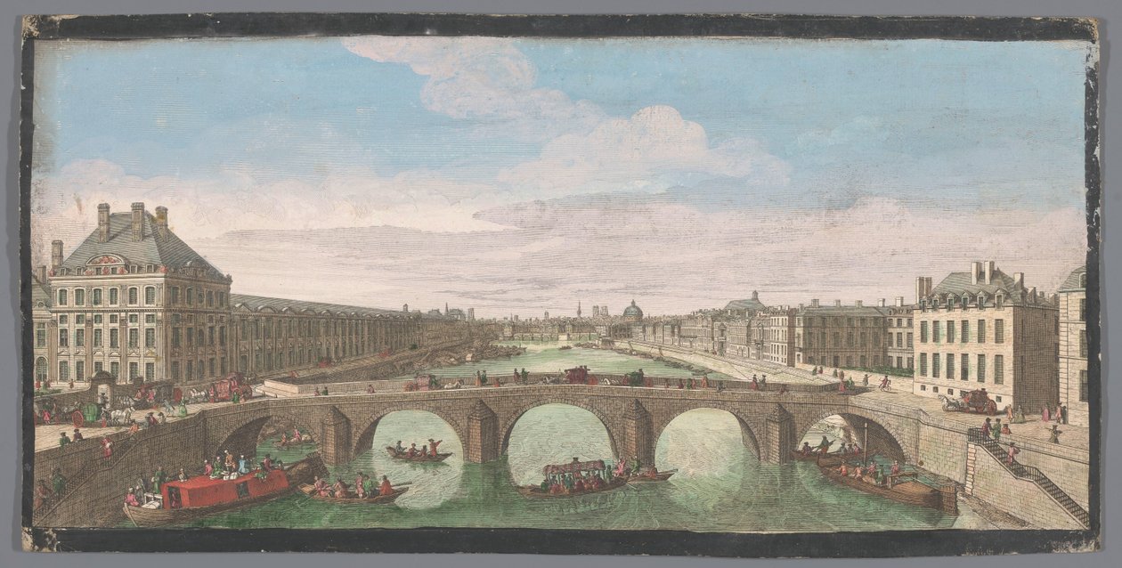 Pont Neuf Vuë Privé de Paris'e doğru görülen, Paris'teki Seine Nehri üzerindeki Pont Royal'in görünümü, Pont Neuf vers le Pont Royal ile ilgili ödül (nesne üzerindeki başlık) by Anonymous