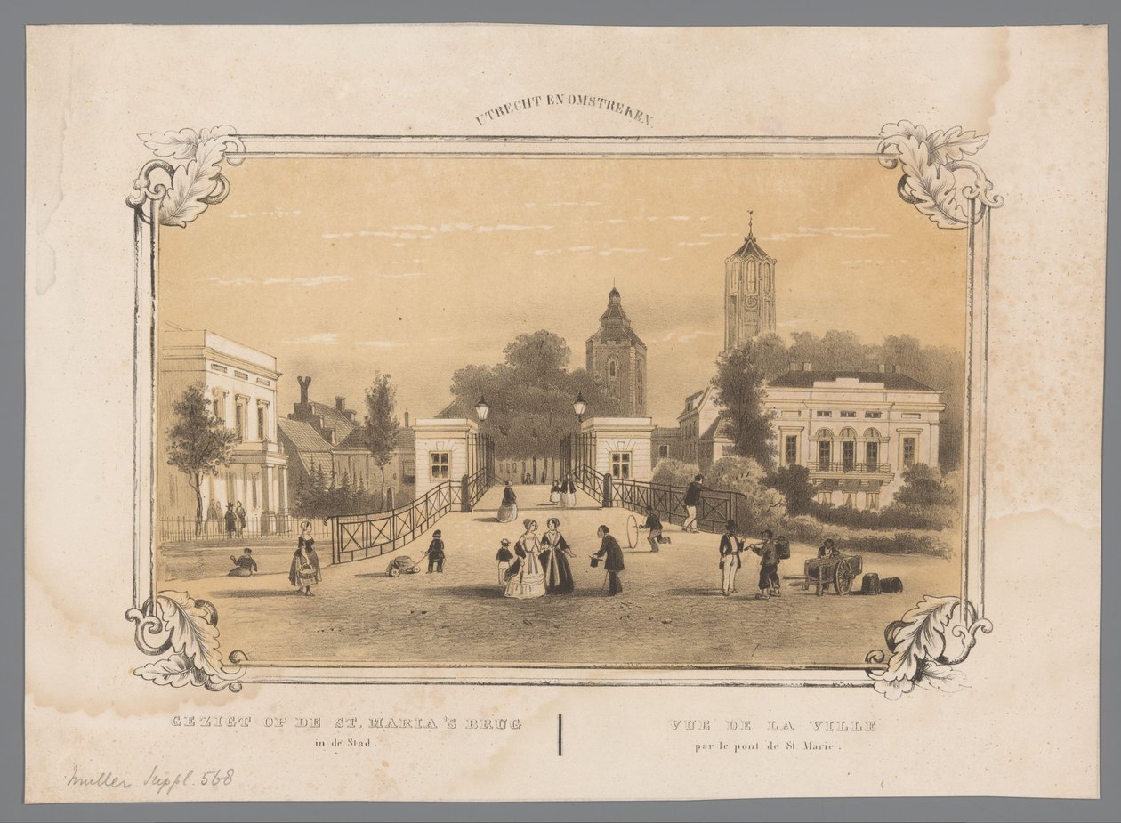 Utrecht'teki St. Mary Köprüsü'nün görünümü Şehirdeki St. Mary's Köprüsü'nün görünümü / Vue de la Ville par le pont de St. Marie (nesne üzerindeki başlık) Utrecht ve çevresi (nesne üzerindeki seri başlığı) by Anonymous