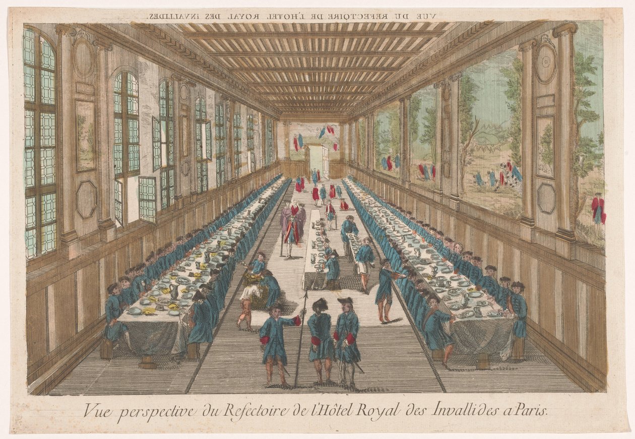 Paris'teki Hôtel des Invalides'in yemek odasının yemek yiyen bir grupla görünümü by Anonymous