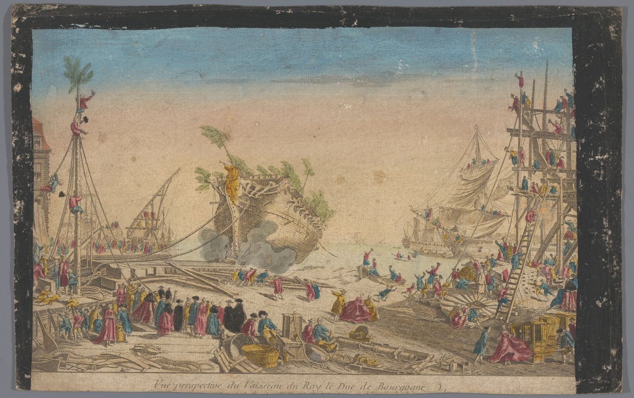 20 Ekim 1751'de Duc de Bourgogne gemisinin karaya çıkmasıyla Rochefort'taki limanın görünümü Vue perspektif du vaisseau du roy le Duc de Bourgogne (nesne üzerindeki başlık) by Anonymous