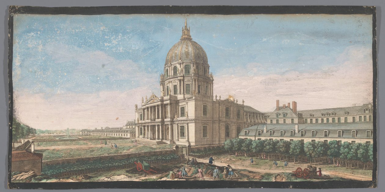 Gezicht op het Hotel des Invalides te Parijs Kilisenin kubbesinin ön cephesinin görünümü ve Hôtel Royal des Invalides binalarının bir kısmı (nesne üzerindeki başlık) by Anonymous