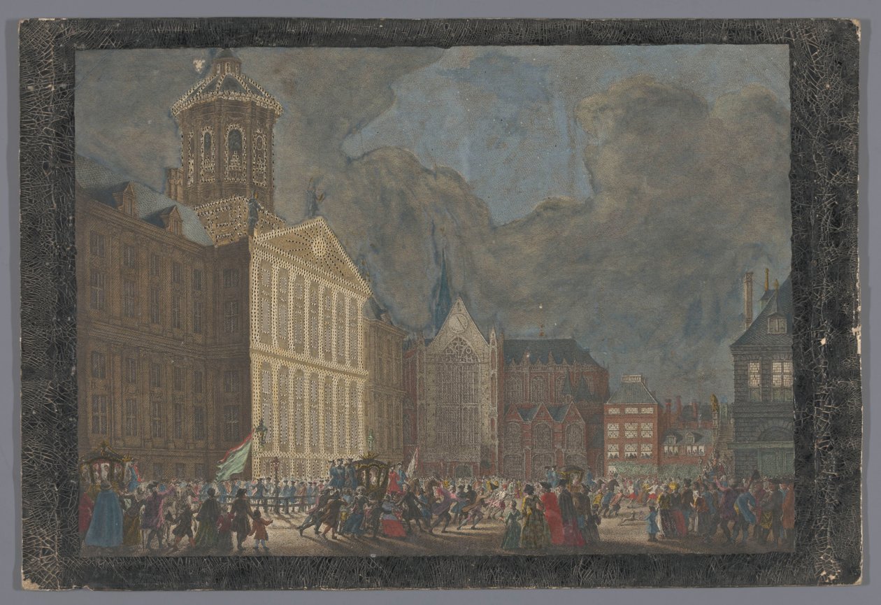 V. William ve Prusyalı Wilhelmina'nın 31 Mayıs 1768'de Dam Meydanı'na gelişiyle Amsterdam'daki Belediye Binası'nın görünümü by Anonymous