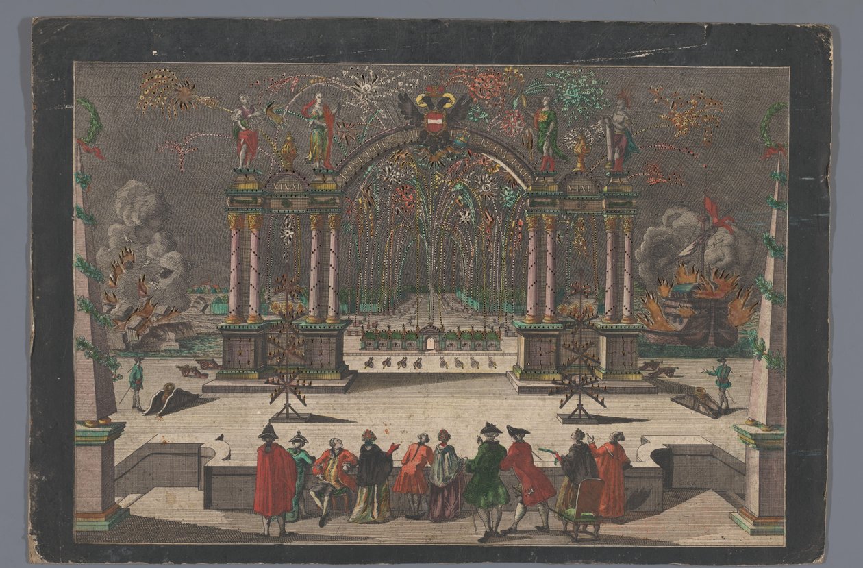 Havai fişekler ve çift başlı kartallı bir zafer takı ve Alman İmparatoru II. Joseph'in adı by Anonymous
